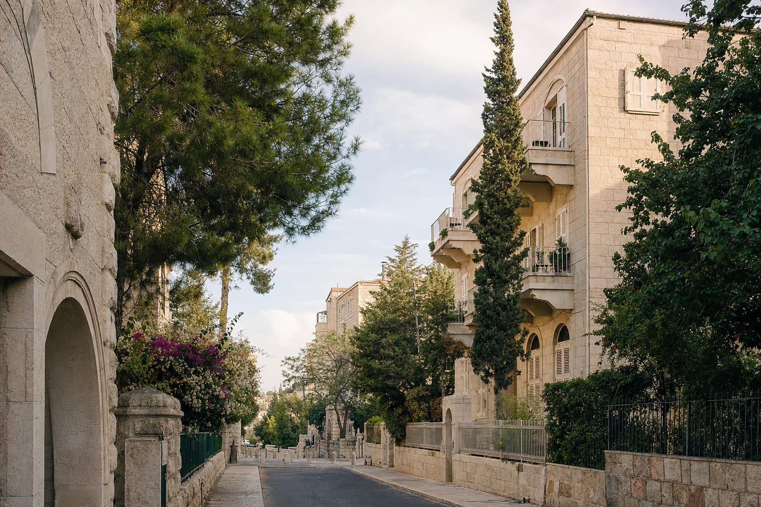 רחוב מגורים בשכונה ותיקה בירושלים, חזיתות מאבן בהירה ועצי אורן גבוהים.